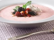 Fairmont Reine Élizabeth CHILLED STRAWBERRY SOUP WITH DRUNKEN BERRIES AND PEPPERED WHIPPED CREAM